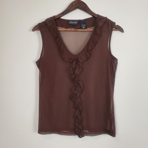 Vintage 90s Y2K Mesh Ruffle Tank Chocolate Brown Medium - Picture 6 of 10